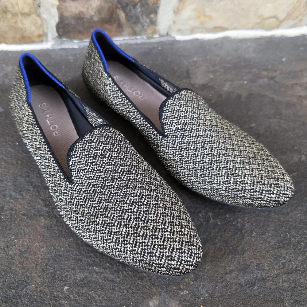NEW Rothys Almond Loafers Metallic Sparkle Herringbone Flats Shoes